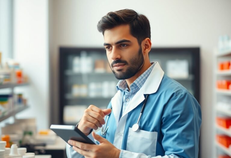 Imagen de un profesional de Tecnología en Regencia de Farmacia realizando actividades propias de los estudios realizados